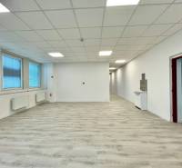 PRIESTORY, NA PRENÁJOM, CENTRUM TRENČÍN, ul. Jilemnického - Kancelárie s podlahou s dreveným dekorom, bielymi stenami a veľkými oknami.