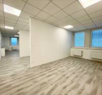 PRIESTORY, NA PRENÁJOM, CENTRUM TRENČÍN, ul. Jilemnického - Kancelárie s bielym stropom a podlahou s dreveným dekorom, dva veľké okná.