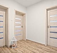 NA PREDAJ MODERNÝ 3-IZB. RD TYPU BUNGALOV V GABČÍKOVE - Interiér rodinného domu s podlahou s dreveným dekorom a bielymi dverami.