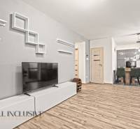 NA PREDAJ MODERNÝ 3-IZB. RD TYPU BUNGALOV V GABČÍKOVE - Obývacia izba v rodinnom dome s podlahou s dreveným dekorom, televízorom, jedálenským stolom a kuchyňou.