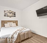 NA PREDAJ MODERNÝ 3-IZB. RD TYPU BUNGALOV V GABČÍKOVE - Spálňa v rodinnom dome s pohodlnou posteľou, televízorom a podlahou s dreveným dekorom.