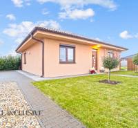 NA PREDAJ MODERNÝ 3-IZB. RD TYPU BUNGALOV V GABČÍKOVE - Rodinný dom v Gabčíkove obklopený zeleňou, dlažbou a malým stromčekom v záhrade.