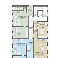 Budova s 8 apartmánmi alebo medicínske centrum, 9 park. miest- Koliba - Plán poschodia so štyrmi miestnosťami, izby, obchodné priestory, ulica Na varte, obytné priestory.