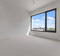 Nadštandardná 4- izbová terasová vila na Kolibe s krásnym výhľadom - Prázdna izba so sivými stenami a veľkým oknom, pohľad na ulicu Svätovavrinecká.