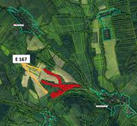 Rokycany – 125.140 m2 LESNÝ POZEMOK v podiele 1/1 - Letecká mapa zobrazujúca poľnohospodárske a lesné pozemky pri meste Rokycany.