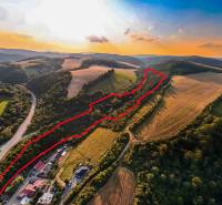 Rokycany – 70.000 m2 LESNÝ POZEMOK v podiele 1/1 - Krajina v Rokycanoch s poľnohospodárskymi a lesnými pozemkami ohraničenými červenou líniou.