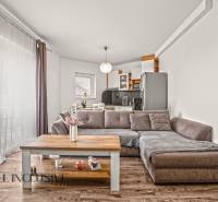 NA PREDAJ 2-IZBOVÝ BYT S 2 BALKÓNMI, DUNAJSKÁ STREDA - Obývačka v 2-izbovom byte so sedačkou, kuchynskou linkou a podlahou s dreveným dekorom.