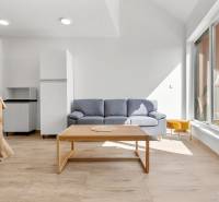 OPAL - NOVÝ a KOMPLETNE ZARIADENÝ 2,5-izbový byt s LODŽIOU a PARKOVANÍ - Obývačka v 2-izbovom byte s pohovkou, stolíkom a podlahou s dreveným dekorom.