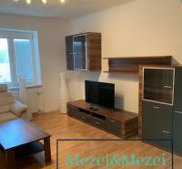 Na predaj útulný 2-izbový byt, Bratislava – Nové Mesto - Obývačka s dreveným dekorom podlahy, televízorom a pohodlnou sedačkou v 2-izbovom byte.