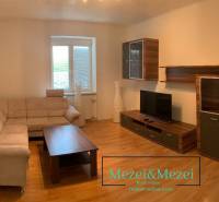 Na predaj útulný 2-izbový byt, Bratislava – Nové Mesto - Obývacia izba s béžovou sedačkou, dreveným nábytkom a podlahou s dreveným dekorom.