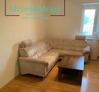 Na predaj útulný 2-izbový byt, Bratislava – Nové Mesto - Obývacia izba v 2-izbovom byte s rohovou sedačkou a stolíkom na podlahe s dreveným dekorom.