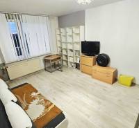 2,5 izbový byt Bánovce nad Bebravou/CENTRUM- STRED/KOMLETNÁ REKONŠTRUK - Útulná obývačka v 2-izbovom byte s podlahou s dreveným dekorom a nábytkom.