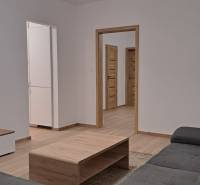 Prenájom 2 izbového bytu v novostavbe, Dubnica nad Váhom, 66 m2 - Obývacia izba v 2-izbovom byte s gaučom a podlahou s dreveným dekorom.