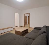 Prenájom 2 izbového bytu v novostavbe, Dubnica nad Váhom, 66 m2 - Obývacia izba s pohodlnou sedačkou, dreveným stolíkom a podlahou s dreveným dekorom.