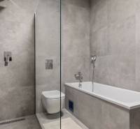BÝVANIE VO VILA DOME - POSLEDNÝ VOĽNÝ 3-IZBOVÝ BYT SO ZÁHRADOU - Kúpeľňa v 3-izbovom byte so sprchou, vaňou a sivými obkladmi.