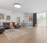 BÝVANIE VO VILA DOME - POSLEDNÝ VOĽNÝ 3-IZBOVÝ BYT SO ZÁHRADOU - Obývačka s veľkým oknom, sivou sedačkou, jedálenským stolom a podlahou s dreveným dekorom.