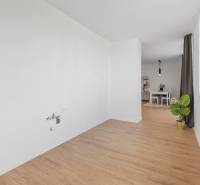 BÝVANIE VO VILA DOME - POSLEDNÝ VOĽNÝ 3-IZBOVÝ BYT SO ZÁHRADOU - Izba v 3-izbovom byte s podlahou s dreveným dekorom a stolom na opačnej strane.