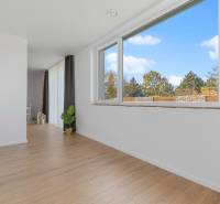 BÝVANIE VO VILA DOME - POSLEDNÝ VOĽNÝ 3-IZBOVÝ BYT SO ZÁHRADOU - Biely interiér s veľkými oknami a podlahou s dreveným dekorom v 3-izbovom byte.