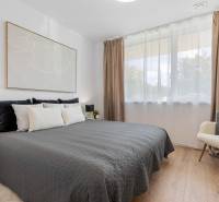 BÝVANIE VO VILA DOME - POSLEDNÝ VOĽNÝ 3-IZBOVÝ BYT SO ZÁHRADOU - Spálňa s veľkou posteľou, kreslom a podlahou s dreveným dekorom v 3-izbovom byte.