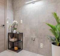 BÝVANIE VO VILA DOME - POSLEDNÝ VOĽNÝ 3-IZBOVÝ BYT SO ZÁHRADOU - Kúpeľňa v 3-izbovom byte s dekoratívnymi prvkami, policou a rastlinou na podlahe.