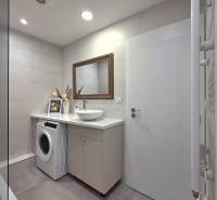 REZERVOVANÉ - 3i, OV, 71m2 + loggia, Lomonosovova, dizajnový, zariaden - Kúpeľňa v 3-izbovom byte s umývadlom, práčkou, zrkadlom a dekoráciou na skrinke.