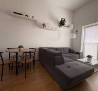 Prenájom moderného 2-izbového bytu v centre Komárna, 40 m² – Petőfiho  - Obývacia izba s tmavosivou pohovkou a podlahou s dreveným dekorom v 2-izbovom byte.