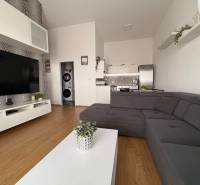 Prenájom moderného 2-izbového bytu v centre Komárna, 40 m² – Petőfiho - Obývacia izba s veľkou sedačkou, podlahou s dreveným dekorom a televízorom v 2-izbovom byte.