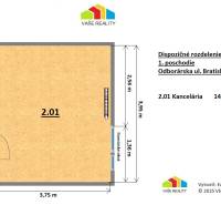 Na prenájom kancelária  15 m²,  v novostavbe, Odborárska ulica, voľná - Pôdorys kancelárie č. 2.01 na Odborárskej ulici, Bratislava - Nové Mesto, s rozlohou 14,81 m².