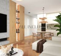 ALL INCLUSIVE I 3 IZBOVÉ BYTY S TERASOU, SO ZÁHRADOU + 2 PARK. MIESTA - Obývacia časť 3-izbového bytu s pohovkou, stolom, a veľkou televíznou obrazovkou.