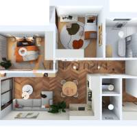 ALL INCLUSIVE I 3 IZBOVÉ BYTY S TERASOU, SO ZÁHRADOU + 2 PARK. MIESTA - Pôdorys 3-izbového bytu s rozložením izieb, kúpeľňa a balkón.