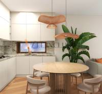 ALL INCLUSIVE I 3 IZBOVÉ BYTY S TERASOU, SO ZÁHRADOU + 2 PARK. MIESTA - Kuchyňa v 3-izbovom byte s jedálenským stolom a rastlinou vedľa pohovky.