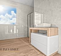 ALL INCLUSIVE I 3 IZBOVÉ BYTY S TERASOU, SO ZÁHRADOU + 2 PARK. MIESTA - Kúpeľňa v 3-izbovom byte s keramickými obkladmi a podlahou s dreveným dekorom.