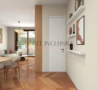 ALL INCLUSIVE I 3 IZBOVÉ BYTY S TERASOU, SO ZÁHRADOU + 2 PARK. MIESTA - Interiér 3-izbového bytu s drevenou podlahou, jedálenským stolom a nástennými policami.
