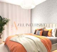 ALL INCLUSIVE I 3 IZBOVÉ BYTY S TERASOU, SO ZÁHRADOU + 2 PARK. MIESTA - Spálňa v 3-izbovom byte s posteľou v neutrálnych a oranžových farbách, rastlinou a lampou.