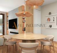 ALL INCLUSIVE I 3 IZBOVÉ BYTY S TERASOU, SO ZÁHRADOU + 2 PARK. MIESTA - Jedálenský stôl s pohodlnými stoličkami v 3-izbovom byte s veľkými oknami a rastlinou.