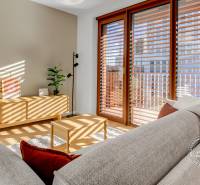 NOVÝ krásny 2i byt, ZWIRN, 2x balkón, parkovanie, Košická - Obývacia izba v 2-izbovom byte s pohovkou, skrinkou a lamelovými dverami s výhľadom.