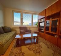 - PREDAJ - 3 izbový byt - Estónska ul. - Vrakuňa  - Obývacia izba s pohovkou, kreslom, dreveným nábytkom a podlahou s dreveným dekorom v 3-izbovom byte.