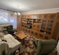 Šahy – 3i Byt v Centre Mesta s Balkónom  - Obývačka v 3-izbovom byte s drevenou obývacou stenou a zeleným nábytkom.