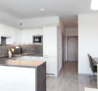 | 2-izbový byt, ul. Predmerského VINOHRADY | Trenčín  - Kuchyňa a jedálenský kút v 2-izbovom byte s podlahou s dreveným dekorom.