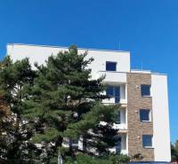 NOVOSTAVBA -2 izbový byt s komorou, na predaj  Galanta - Budova na Športovej ulici v Galante, obklopená stromami, s jasnou oblohou v pozadí.