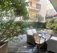 Prenájom nadštandardne zariadených kancelárií  v centre, 151 m2 - Na ulici Radlinského terasa s ratanovým nábytkom, rastliny, okná kancelárie v pozadí.