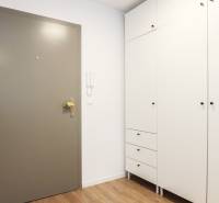 PRENÁJOM - 1 izbový byt v projekte Ovocné sady - Vstupná hala v 1-izbovom byte s bielou skriňou a podlahou s dreveným dekorom.