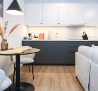 PRENÁJOM - 1 izbový byt v projekte Ovocné sady - Kuchyňa v 1-izbovom byte s bielymi skrinkami, tmavou linkou a podlahou s dreveným dekorom.