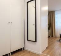 PRENÁJOM - 1 izbový byt v projekte Ovocné sady - Nábytok v 1-izbovom byte s podlahou s dreveným dekorom a čiernym stolíkom.