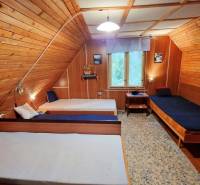 Útulná chata polosamota Tále Nízke Tatry - Drevený interiér chaty s tromi jednolôžkovými posteľami a krajinným obrazom.