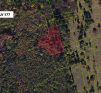 Lúčky (ZH) – 3.854 m2 POĽNOHOSPODÁRKA PÔDA a LESY - Letecký pohľad na poľnohospodárske a lesné pozemky v Lúčkach, zvýraznené červenou farbou.