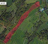 Lúčky (ZH) – 3.854 m2 POĽNOHOSPODÁRKA PÔDA a LESY - Lúčky: Poľnohospodárske a lesné pozemky so zvýraznenými parcelami, cesty a oblasťami v krajine.