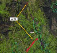 Lúčky (ZH) – 3.854 m2 POĽNOHOSPODÁRKA PÔDA a LESY - Katastrálna mapa Lúčky, poľnohospodárske a lesné pozemky so zvýraznenou trasou.