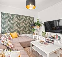 NA PREDAJ 3-IZB. BYT S TERASOU A ZÁHRADKOU, DUN.STREDA - Svetlá obývačka s pohovkou a kvetinovými vankúšmi, zelená tapeta, televízor na stene.