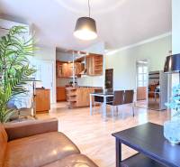 PRIESTRANNÝ 2.IZB. BYT - PIVNICA, LODŽIA - DOBROVSKÉHO, STARÉ MESTO - Obývacia izba s kuchyňou, podlaha s dreveným dekorom, rastlina, sedacia súprava, jedálenský stôl.